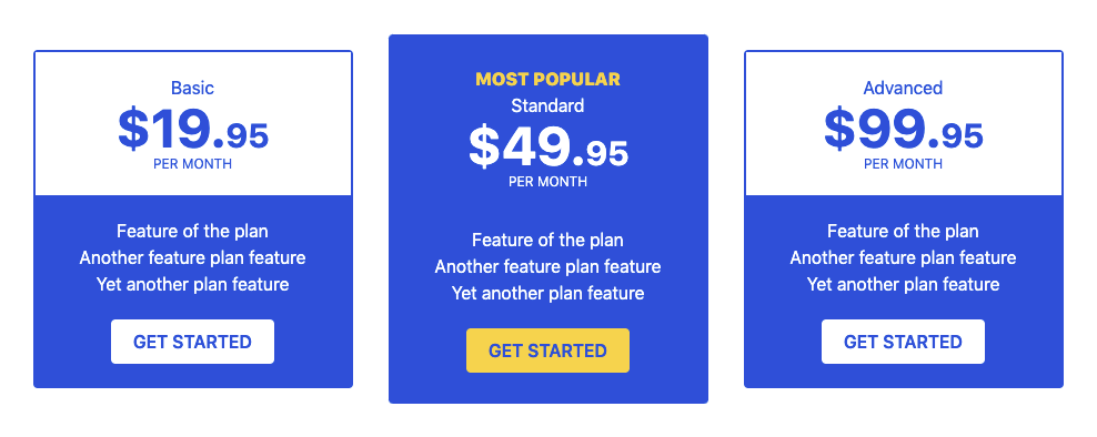 Responsive pricing table Tailwind CSS